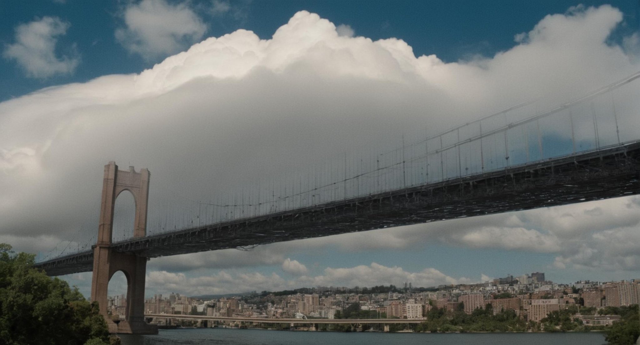 cinematic film still of  <lora:Cinematic Vintage Hollywood Film Style:1> sharp detailed, a huge cloud is over a city and a bridge Cinematic Vintage Hollywood Film Style, shallow depth of field, vignette, highly detailed, high budget, bokeh, cinemascope, moody, epic, gorgeous, film grain, grainy