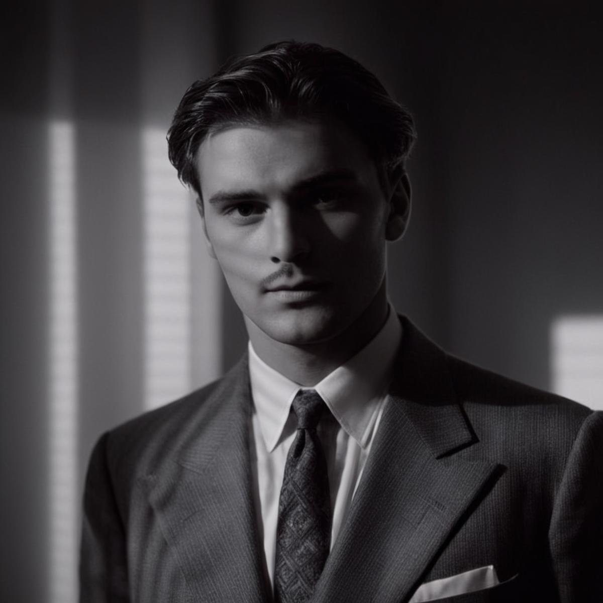 cinematic film still of  <lora:casting shadow style:1> <lora:Chiaroscuro Lighting Style:1> <lora:eyetune:1>A cucoloris patterned illumination casting a shadow on a 1940's man in a suit and tie standing in a room,solo,shirt,1boy,monochrome,upper body,greyscale,male focus,necktie,collared shirt,blurry,facial hair,formal,suit,cinematic,film,filmic,casting shadow,venetian blinds casting shadow light,shadow on face,face partially covered in shadow,different shadow,window casting shadow light,cinematography,detailed,detailed background,detailed face,high quality,8k,cuculoris,kookaloris,cookaloris or cucalorus,light modifier,different light pattern,creative light,unique shadow , casting shadow style, shallow depth of field, vignette, highly detailed, high budget, bokeh, cinemascope, moody, epic, gorgeous, film grain, grainy