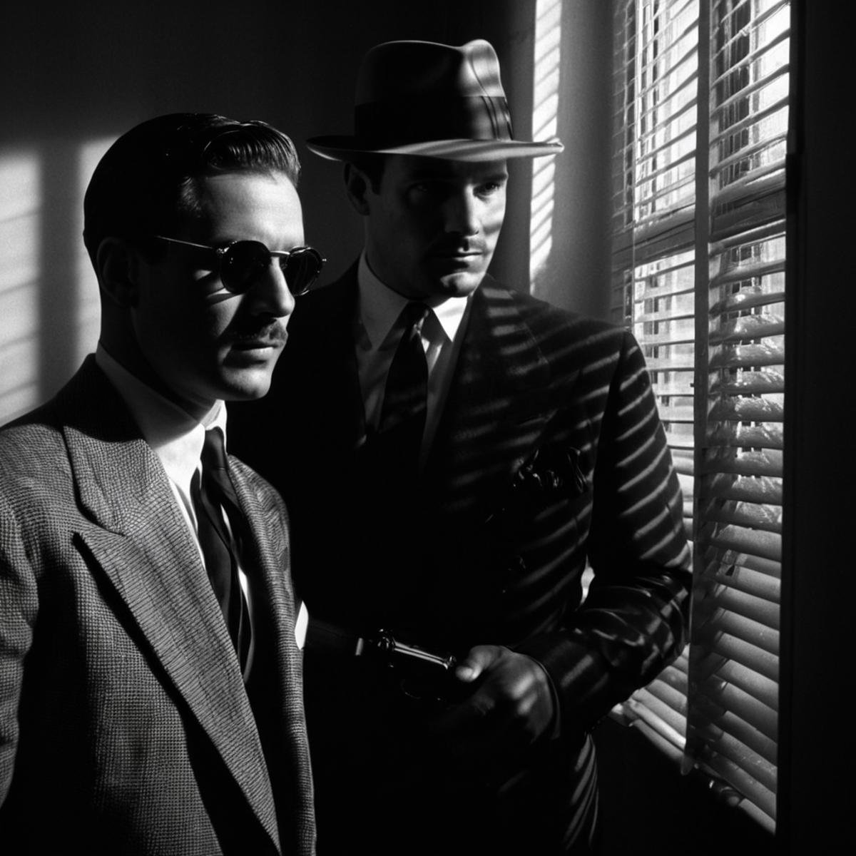 Film noir style,  <lora:casting shadow style v2:1>A cucoloris patterned illumination casting a window diagonal shadow on two men in suits and hats are talking,short hair,shirt,hat,holding,jacket,monochrome,upper body,weapon,greyscale,male focus,multiple boys,necktie,collared shirt,2boys,holding weapon,looking at another,gun,facial hair,formal,suit,holding gun,handgun,manly,revolver,cinematic,film,filmic,casting shadow,venetian blinds casting shadow light,shadow on face,face partially covered in shadow,different shadow,window casting shadow light,cinematography,detailed,detailed background,detailed face,high quality,8k,cuculoris,kookaloris,cookaloris or cucalorus,light modifier,different light pattern,creative light,unique shadow , casting shadow style, a scene from a 1940's film, Monochrome, high contrast, dramatic shadows, 1940s style, mysterious, cinematic