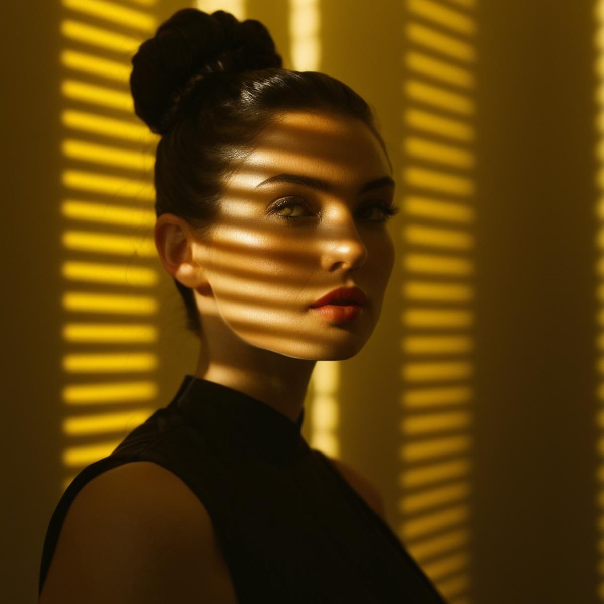 cinematic film still of  <lora:casting shadow style v2:1>A cucoloris patterned illumination casting a large diagonal bar shadow on a modeling woman with a black top and a black top,1girl,solo,looking at viewer,short hair,black hair,yellow eyes,hair bun,blurry,lips,shadow,sunlight,portrait,realistic,shade,dappled sunlight,cinematic,film,filmic,casting shadow,venetian blinds casting shadow light,shadow on face,face partially covered in shadow,different shadow,window casting shadow light,cinematography,detailed,detailed background,detailed face,high quality,8k,cuculoris,kookaloris,cookaloris or cucalorus,light modifier,different light pattern,hand, creative light,unique shadow , casting shadow style, shallow depth of field, vignette, highly detailed, high budget, bokeh, cinemascope, moody, epic, gorgeous, film grain, grainy