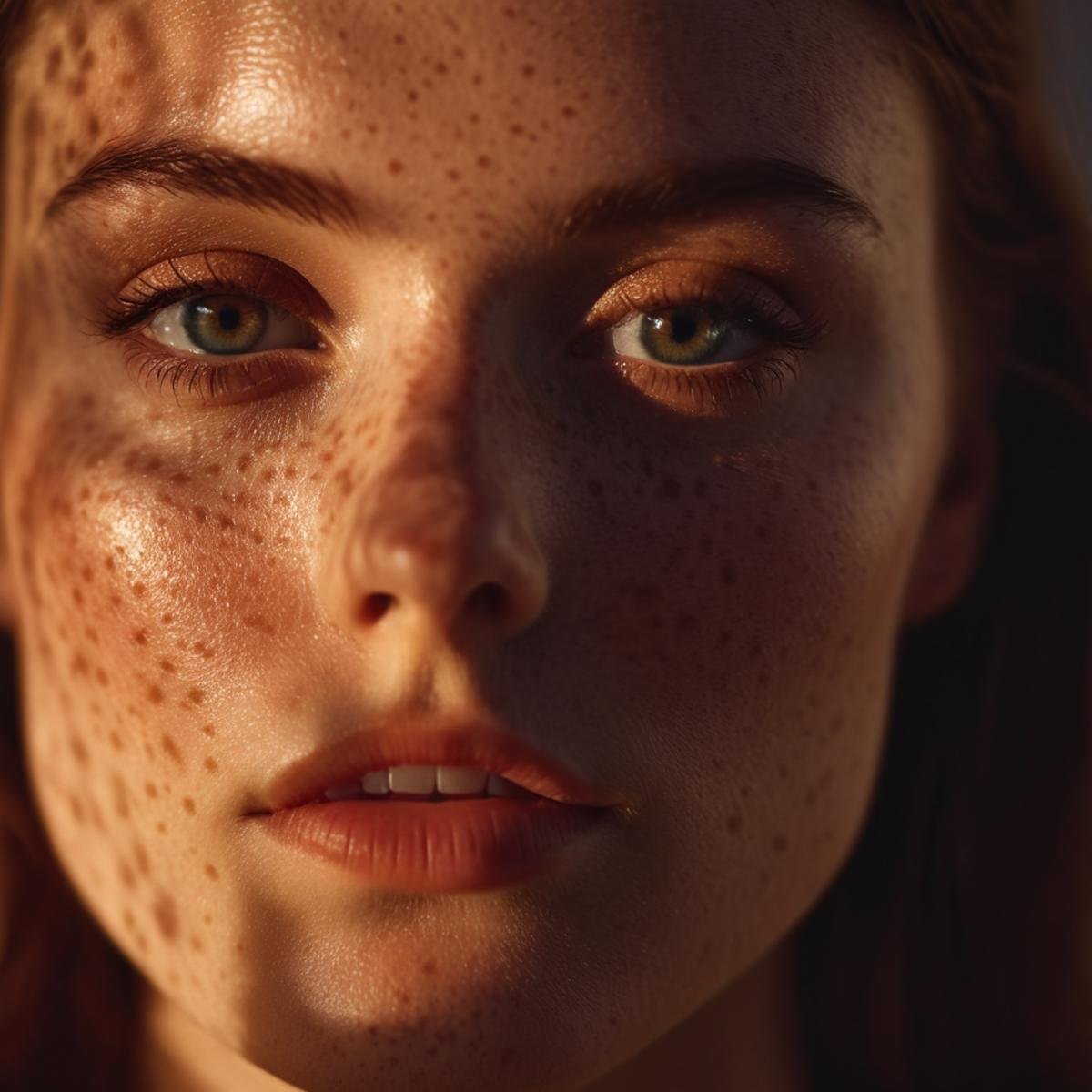 cinematic film still of  <lora:casting shadow style v2:1>A cucoloris patterned illumination casting a diagonal thick bar shadow on a modeling woman with freckles:0.5 on her face and a freckle on her face, casting shadow style, shallow depth of field, vignette, highly detailed, high budget, bokeh, cinemascope, moody, epic, gorgeous, film grain, grainy