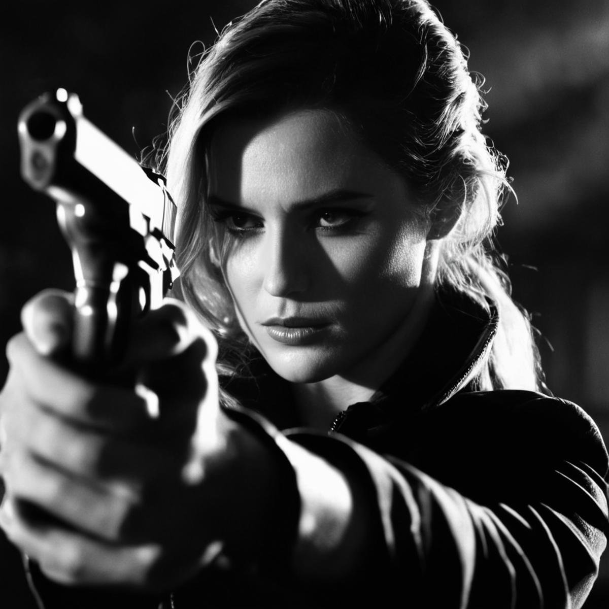 UHD, 4k, ultra detailed, cinematic, a photograph of  <lora:casting shadow style v2:1> casting shadow styleA cucoloris patterned illumination casting a tree branch shadow <lora:sin city style v2:0.2>In Sin City universe a serious angry woman holding a gun in her hand sin city style,1girl,solo,long hair,looking at viewer,holding,monochrome,weapon,greyscale,holding weapon,lips,gun,portrait,holding gun,handgun,realistic,Frank Miller's Sin City,dark theme,cinematic film,comic book series,graphic novel,Neo-noir,high contrasts,sin city style,closeup , film noir, low key light, dim light, low light, dramatic light, film grain, epic, beautiful lighting, inpsiring