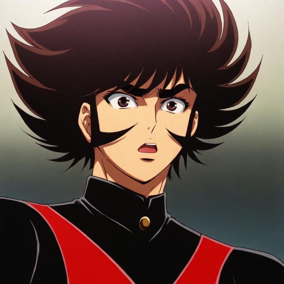 anime artwork of  <lora:Majinga style:1>In anime manga universe, Daisuke Umon a cartoon of a man in a red and black outfit, animation style, cartoon, video animation, animated cartoon style, cinematic animation style, visual stunning, Majinga style, sensitive, solo, open mouth, brown hair, 1boy, closed eyes, male focus, tears, profile, parody, crying, retro artstyle, 1980s (style), anime style, key visual, vibrant, studio anime,  highly detailed