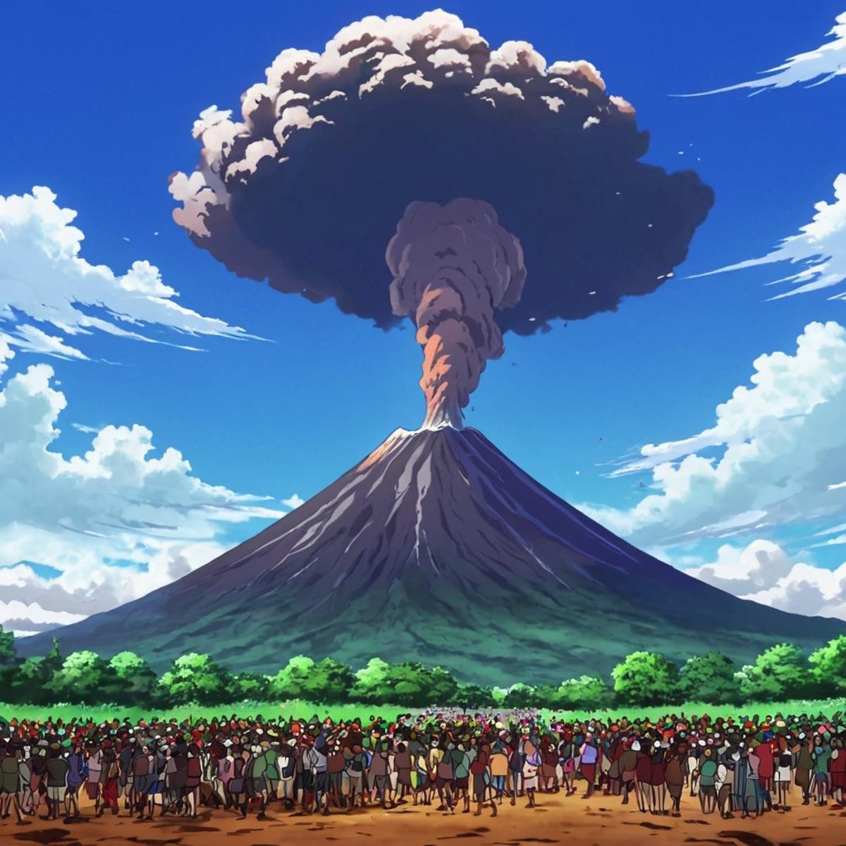 anime artwork of  <lora:Majinga style:0.8>In anime manga universe, a different unique scene of a painting of a volcano with a group of people, animation style, cartoon, video animation, animated cartoon style, cinematic animation style, visual stunning, Majinga style, general, solo, sky, no humans, scenery, cloud, anime style, key visual, vibrant, studio anime,  highly detailed