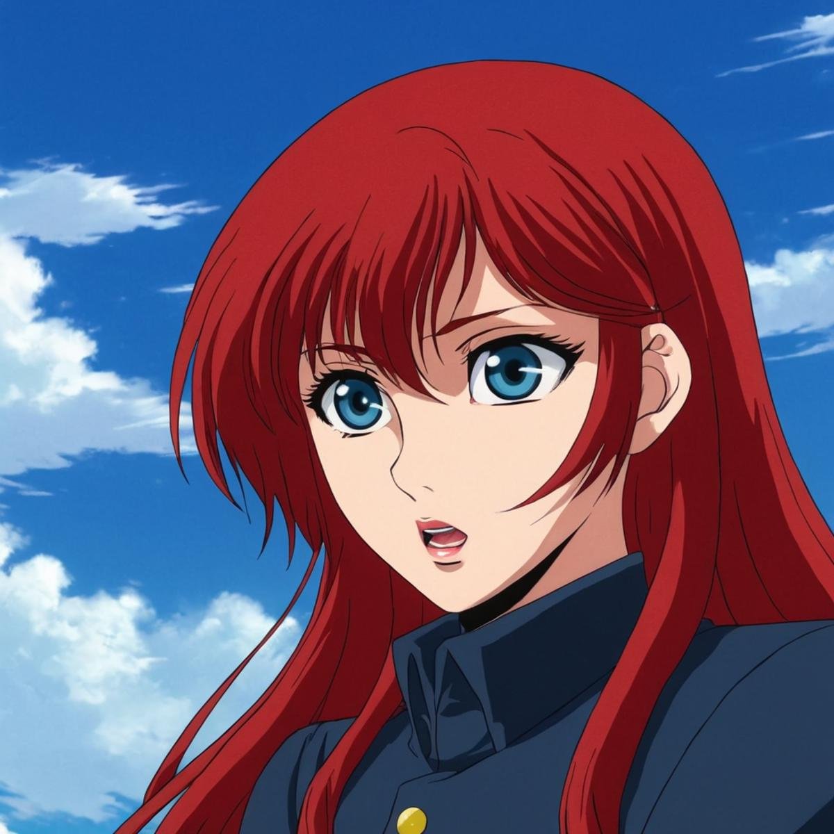 anime artwork of  <lora:Majinga style:0.8>In anime manga universe, Rubina a woman with red hair and blue eyes, animation style, cartoon, video animation, animated cartoon style, cinematic animation style, visual stunning, Majinga style, general, 1girl, solo, looking at viewer, open mouth, blue eyes, red hair, sky, parody, close-up, retro artstyle, 1980s (style), cloud, portrait, 1970s (style), anime style, key visual, vibrant, studio anime,  highly detailed