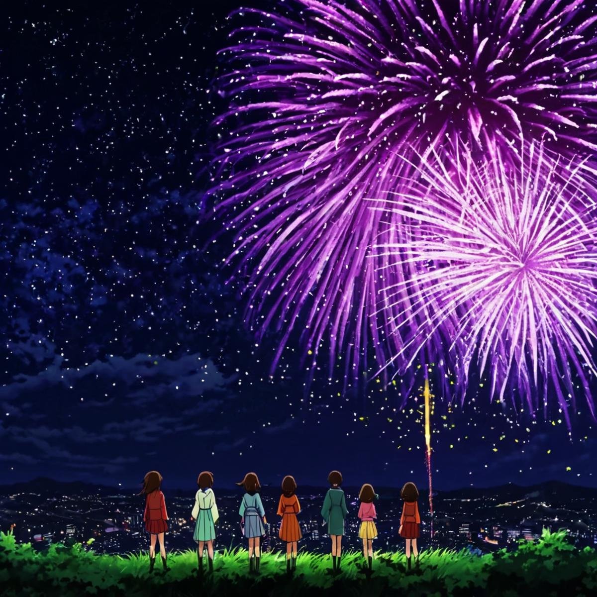 anime artwork of  <lora:Majinga style:1>In anime manga universe, a different unique scene of a group of people standing around a firework display, animation style, cartoon, video animation, animated cartoon style, cinematic animation style, visual stunning, Majinga style, sensitive, 1girl, solo, hat, fireworks, general, multiple girls, 2girls, outdoors, sky, japanese clothes, kimono, night, night sky, aerial fireworks, anime style, key visual, vibrant, studio anime,  highly detailed