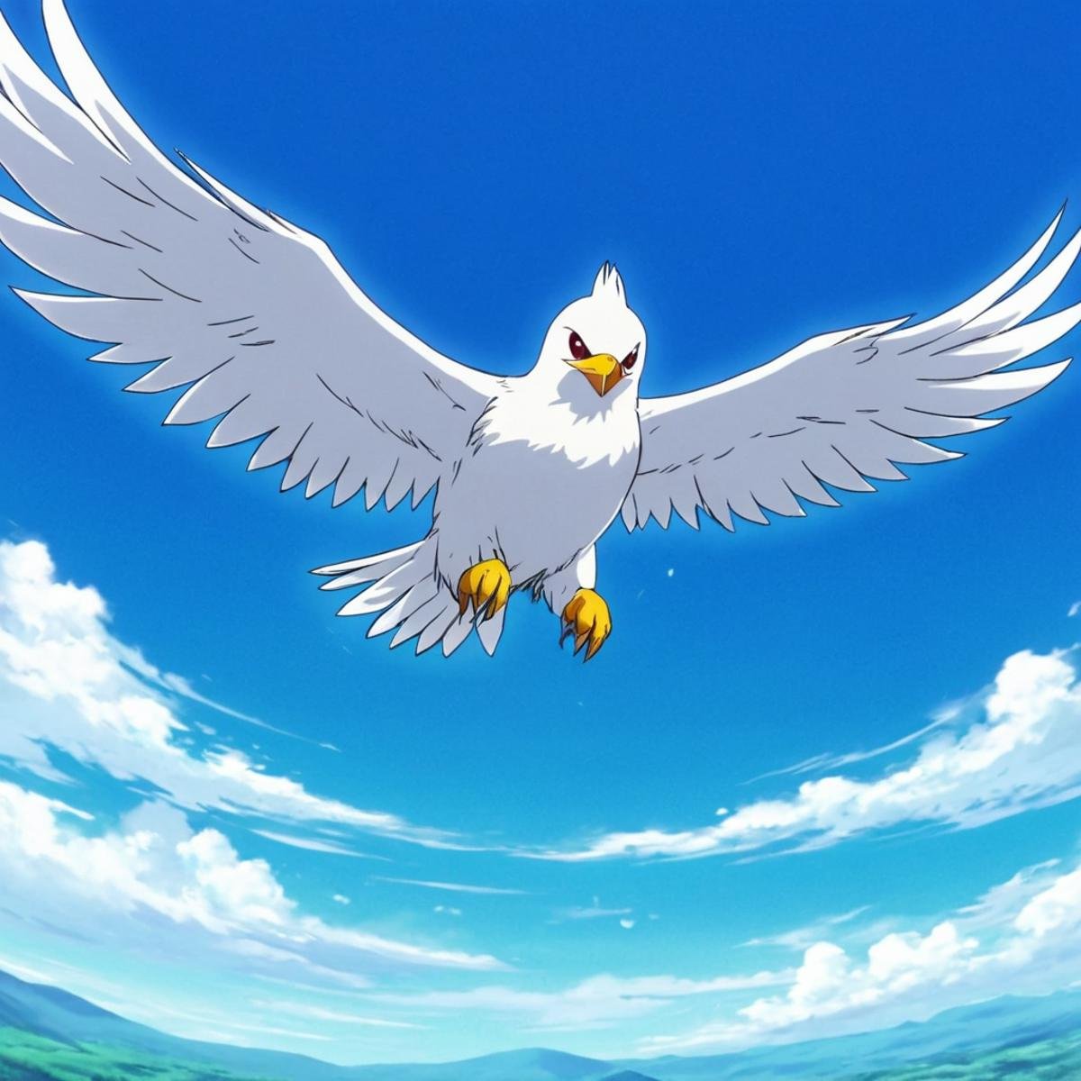 anime artwork of  <lora:Majinga style:0.8>In anime manga universe, a different unique scene of a bird flying through the air with a blue sky in the background, animation style, cartoon, video animation, animated cartoon style, cinematic animation style, visual stunning, Majinga style, general, solo, outdoors, sky, day, cloud, blue sky, no humans, bird, flying, animal focus, from behind, pokemon (creature), anime style, key visual, vibrant, studio anime,  highly detailed