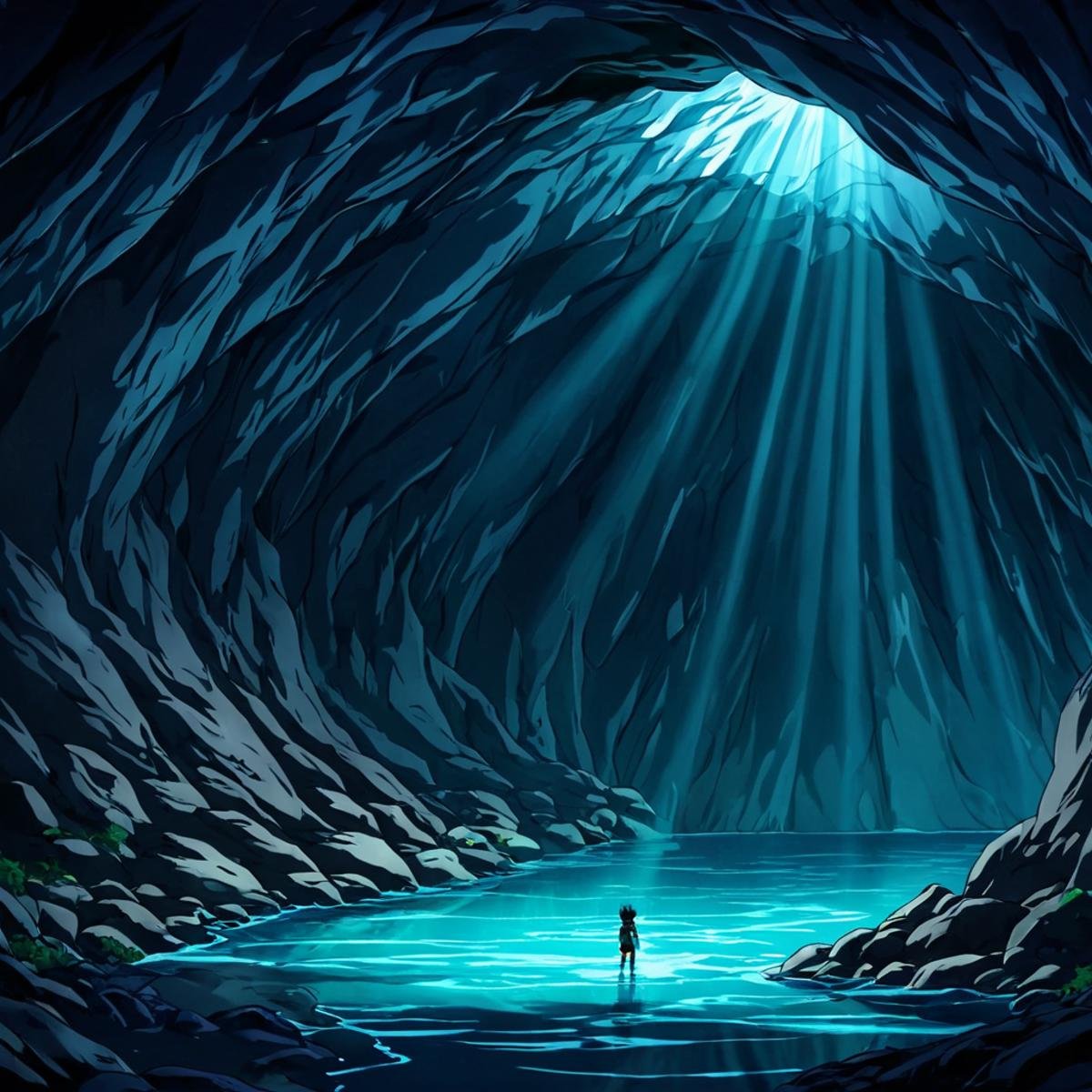 anime artwork of  <lora:Majinga style:0.8>In anime manga universe, a different unique scene of a painting of a cave with a person standing in it, animation style, cartoon, video animation, animated cartoon style, cinematic animation style, visual stunning, Majinga style, general, solo, pokemon (creature), no humans, claws, blue theme, dragon, cave, water, night, anime style, key visual, vibrant, studio anime,  highly detailed