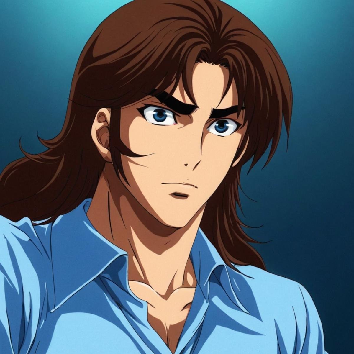 anime artwork of  <lora:Majinga style:1>In anime manga universe, Daisuke Umon a man with long hair and a blue shirt, animation style, cartoon, video animation, animated cartoon style, cinematic animation style, visual stunning, Majinga style, sensitive, solo, long hair, looking at viewer, brown hair, 1boy, upper body, male focus, signature, dated, portrait, serious, realistic, general, bodysuit, blue background, superhero, anime style, key visual, vibrant, studio anime,  highly detailed