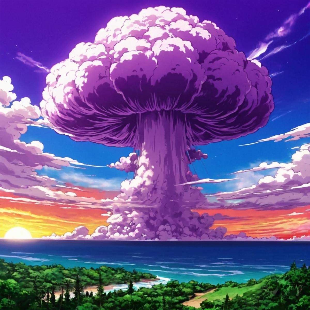 anime artwork of  <lora:Majinga style:0.8>In anime manga universe, a different unique scene of a painting of a large mushroom cloud in the sky, animation style, cartoon, video animation, animated cartoon style, cinematic animation style, visual stunning, Majinga style, general, solo, outdoors, sky, cloud, no humans, cloudy sky, sunset, motion blur, purple sky, water, ocean, anime style, key visual, vibrant, studio anime,  highly detailed