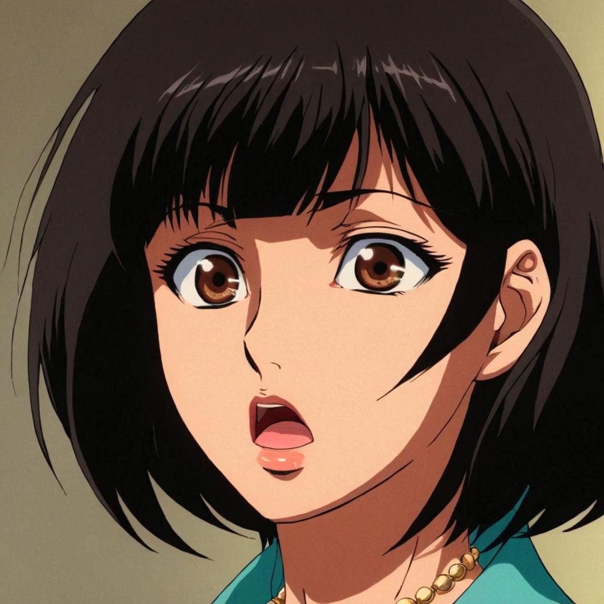 anime artwork of  <lora:Majinga style:1>In anime manga universe, a different unique scene of a close up of a person with a surprised look, animation style, cartoon, video animation, animated cartoon style, cinematic animation style, visual stunning, Majinga style, sensitive, 1girl, solo, looking at viewer, open mouth, black hair, hair between eyes, brown eyes, jewelry, sweat, earrings, close-up, general, short hair, portrait, anime style, key visual, vibrant, studio anime,  highly detailed