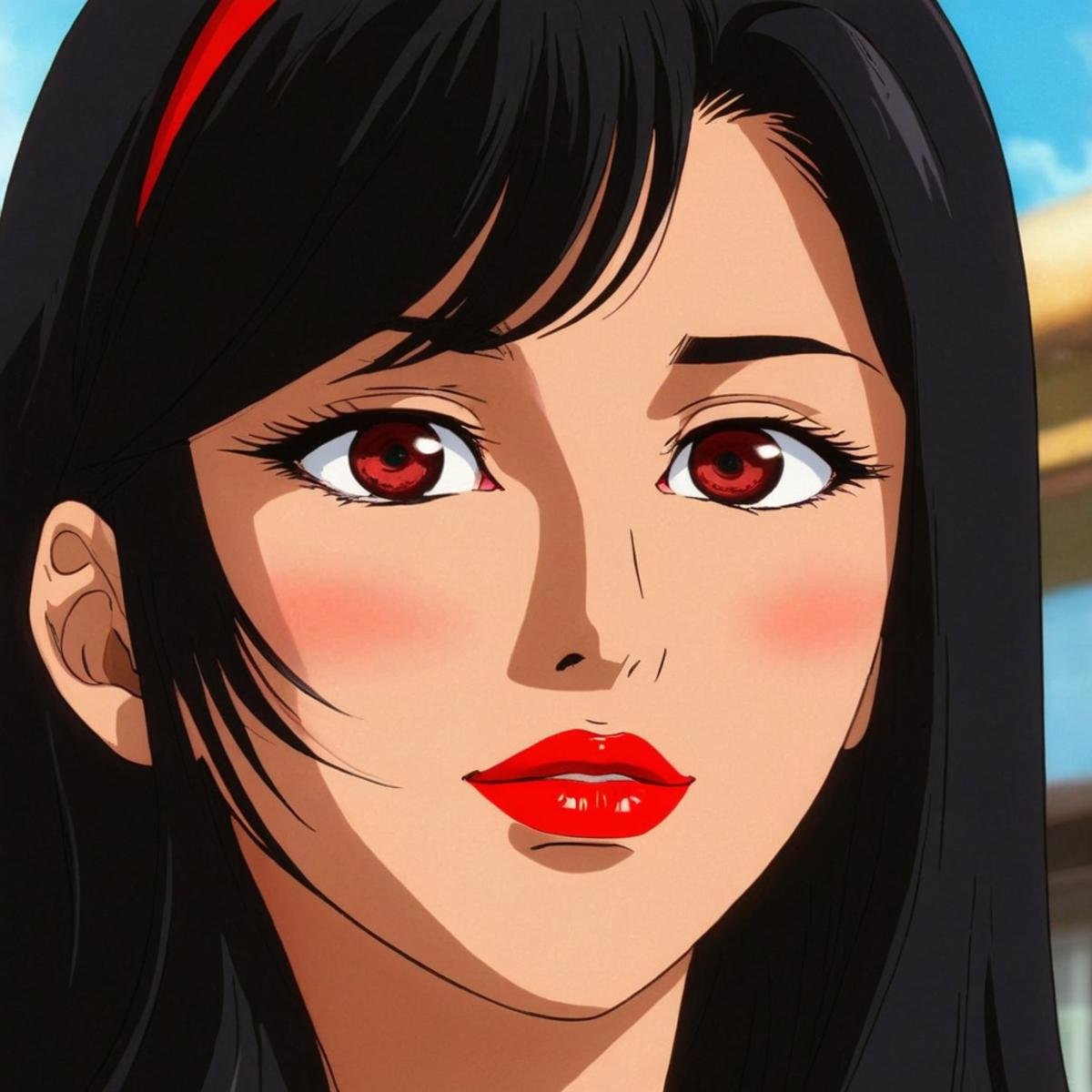 anime artwork of  <lora:Majinga style:1>In anime manga universe, Jun Hono a woman with long black hair and a red lipstick, animation style, cartoon, video animation, animated cartoon style, cinematic animation style, visual stunning, Majinga style, sensitive, 1girl, solo, long hair, looking at viewer, smile, black hair, brown eyes, lips, makeup, sunlight, lipstick, portrait, red lips, retro artstyle, 1980s (style), anime coloring, general, closed mouth, close-up, anime style, key visual, vibrant, studio anime,  highly detailed