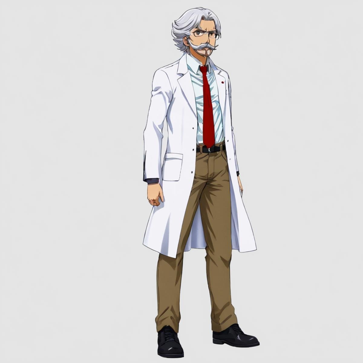 anime artwork of  <lora:Majinga style:1>In anime manga universe, Juzo K, mad scientist a cartoon character dressed in a white coat and tie, animation style, cartoon, video animation, animated cartoon style, cinematic animation style, visual stunning, Majinga style, general, solo, simple background, shirt, 1boy, white background, standing, full body, white hair, male focus, necktie, belt, pants, black footwear, black shirt, facial hair, transparent background, red necktie, beard, mustache, labcoat, bald, brown pants, old, old man, long sleeves, horns, shoes, collared shirt, coat, legs apart, white coat, lab coat, anime style, key visual, vibrant, studio anime,  highly detailed