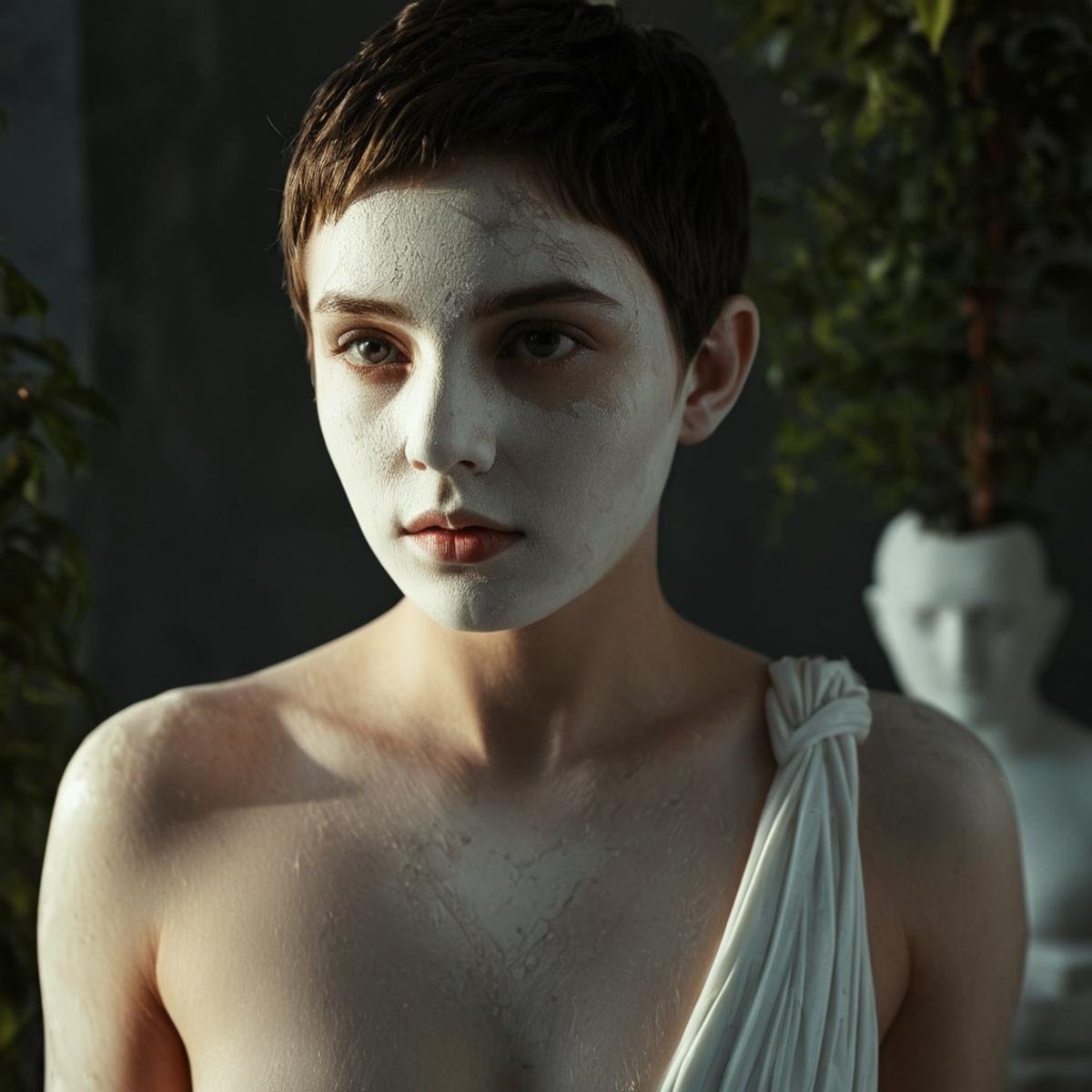 cinematic film still of  <lora:Marble sculpture style:0.9>Marble sculpture a woman with white sculpture statue skin on her face and body, movie themed, sharp, detailed, epic cinematic photography, artistic creative style, dramatic light, cinematic color style, skin tone Marble sculpture film style, Kodak, 35 mm film style, Marble sculpture style, closeup, solo, looking at viewer, black hair, 1boy, closed mouth, male focus, blurry, black eyes, blurry background, expressionless, plant, portrait, very short hair, short hair, upper body, realistic, shallow depth of field, vignette, highly detailed, high budget, bokeh, cinemascope, moody, epic, gorgeous, film grain, grainy