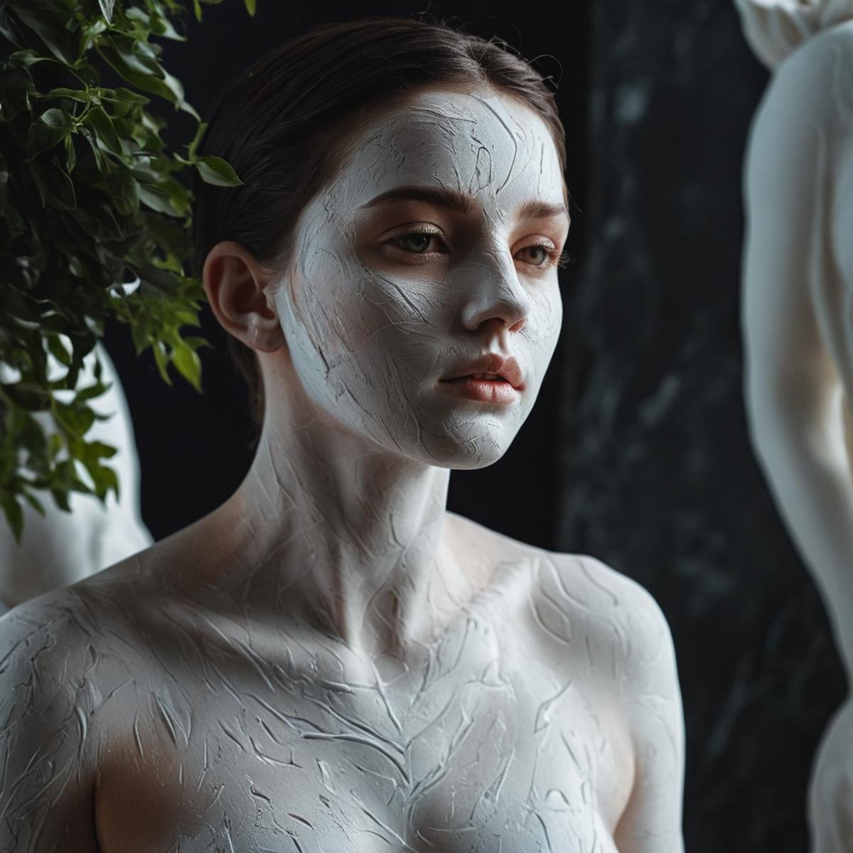 UHD, 4k, ultra detailed, cinematic, a photograph of  <lora:Marble sculpture style:0.9>Marble sculpture a woman with white sculpture statue skin on her face and body, movie themed, sharp, detailed, epic cinematic photography, artistic creative style, dramatic light, cinematic color style, skin tone Marble sculpture film style, Kodak, 35 mm film style, Marble sculpture style, closeup, solo, looking at viewer, black hair, 1boy, closed mouth, male focus, blurry, black eyes, blurry background, expressionless, plant, portrait, very short hair, short hair, upper body, realistic, epic, beautiful lighting, inpsiring