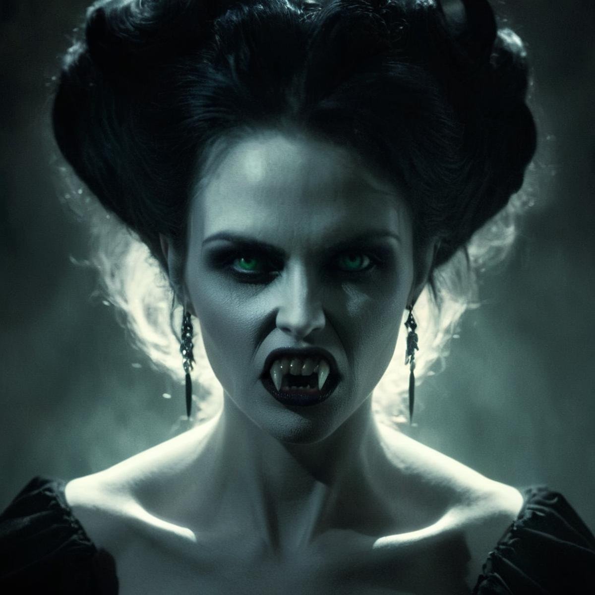 Dark Fantasy Art of Diffused Light fill light <lora:vampire fangs teeth:1.5>a vampire woman with vampire's fangs teeth with a creepy face and a creepy hair vampire style <lora:Vampire-000003:0.5>, dark, moody, dark fantasy style