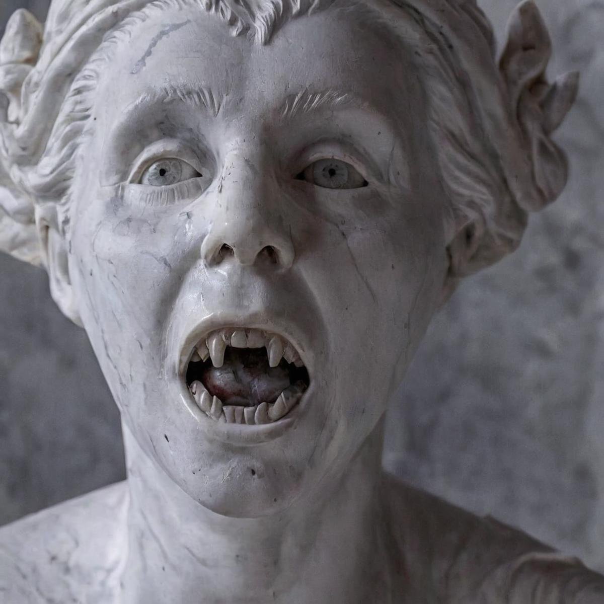 UHD, 4k, ultra detailed, cinematic, a photograph of  <lora:perfection style:0.3> <lora:sculpture v2:0.9>Marble sculpture statue of a <lora:Bram Stoker Dracula style:1>Mina Murray Elisabeta a screaming woman with a weird face and a creepy look on her face, epic, beautiful lighting, inpsiring