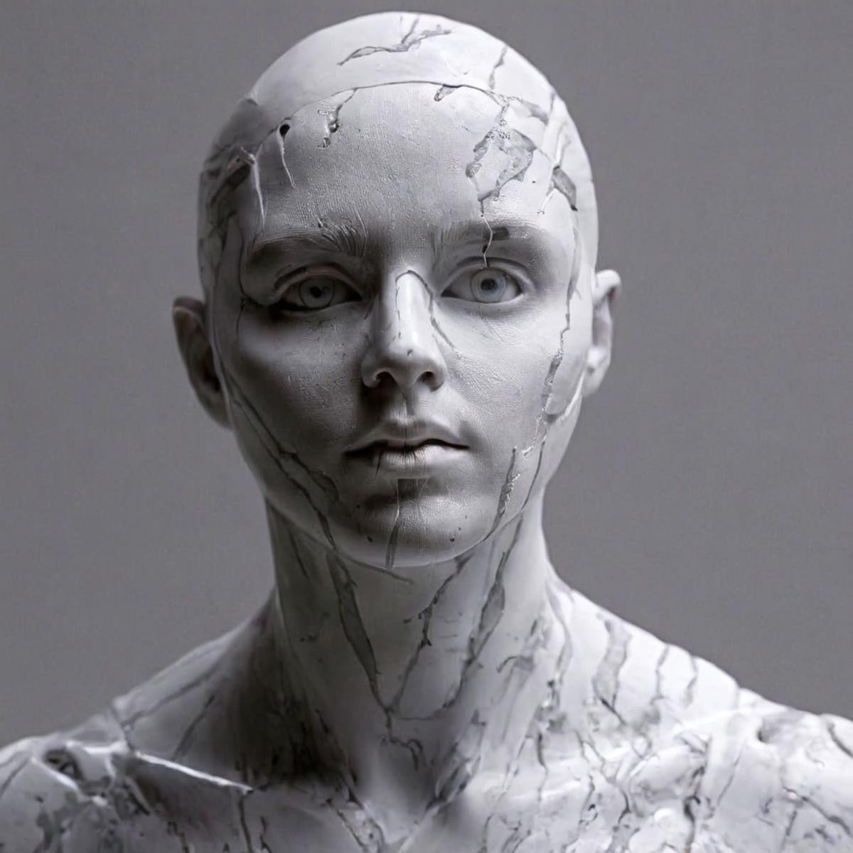 UHD, 4k, ultra detailed, cinematic, a photograph of  <lora:perfection style:0.3> <lora:sculpture v2:0.9>Marble sculpture statue of a  <lora:Westworld style:0.8>Closeup In the 2050s dystopian science fiction world Android Drone host humanoid creatures a white sculpture face with a white liquid background,solo,looking at viewer,simple background,1boy,closed mouth,monochrome,greyscale,male focus,grey background,scar,realistic,bald , sci-fi, futuristic, movie themed, sharp, detailed, epic cinematic photography, artistic, dramatic light, cinematic color style, Kodak film style, Westworld style, epic, beautiful lighting, inpsiring