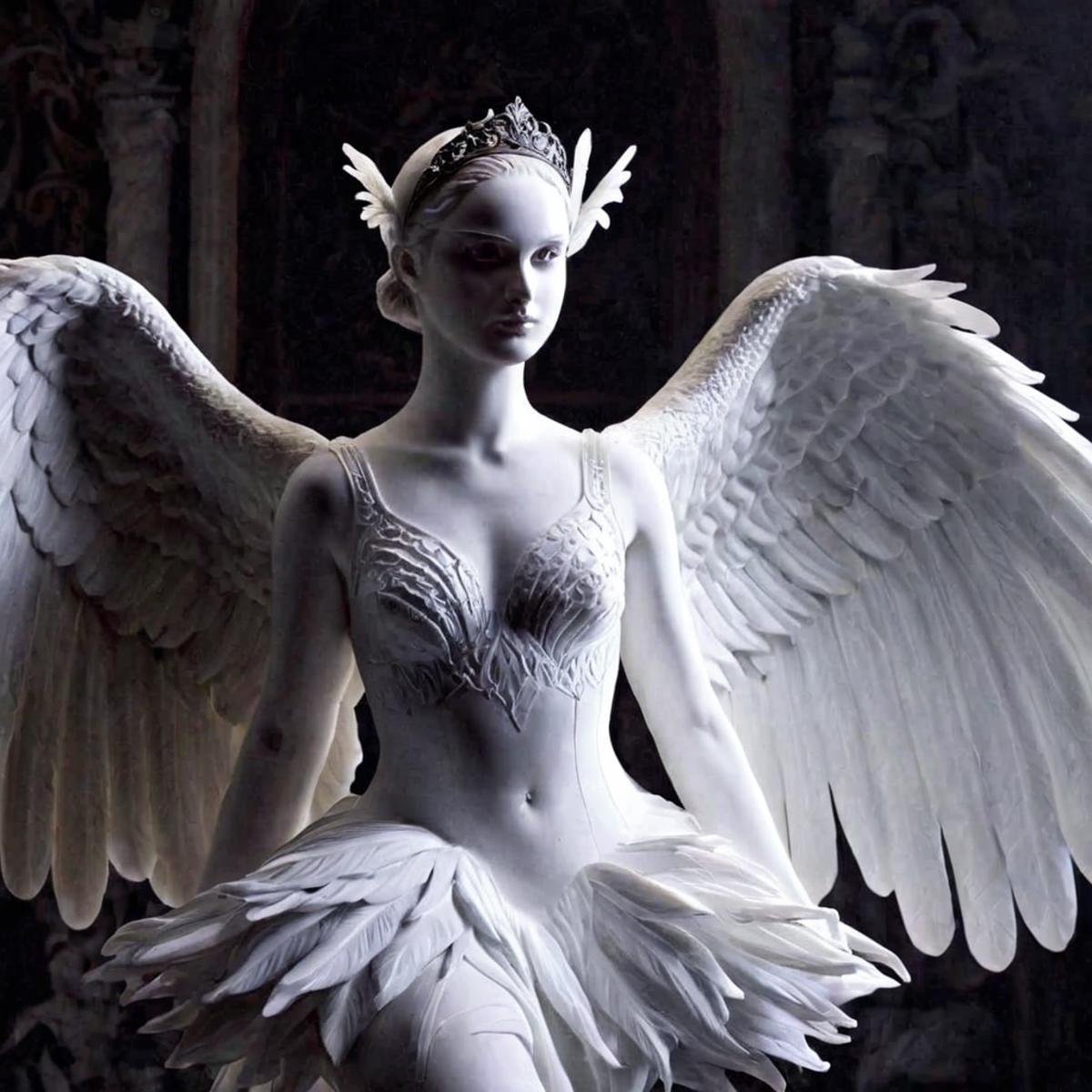 UHD, 4k, ultra detailed, cinematic, a photograph of  <lora:perfection style:0.3> <lora:sculpture v2:0.9>Marble sculpture statue of  <lora:Black Swan:1>Black Swan a woman in a white dress with a feathered headband, gothic, epic, beautiful lighting, inpsiring