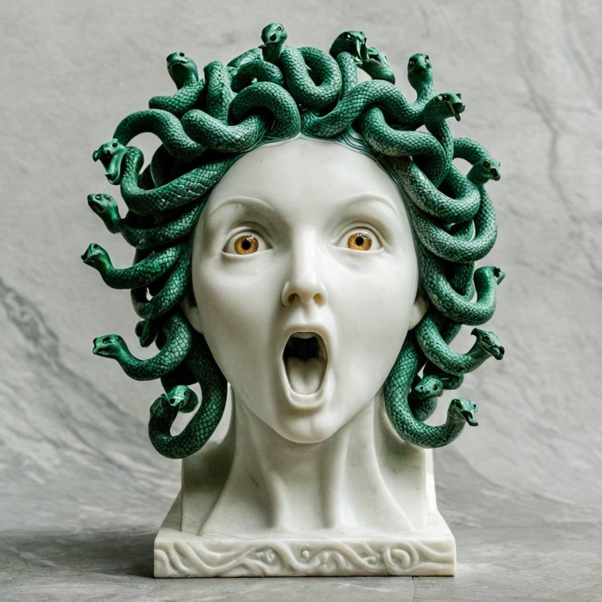 <lora:perfection style:0.3> perfection style<lora:sculpture v3:0.9>Marble sculpture a statue of  <lora:Medusa:1>Medusa staring screaming at camera with big eyes