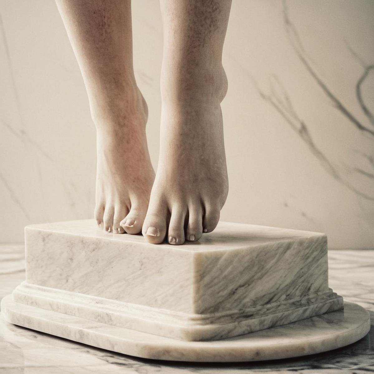 <lora:perfection style:0.3> perfection style<lora:sculpture v3:0.9>Marble sculpture a statue of a person with a foot on a pedestal, movie themed, sharp, detailed, epic cinematic photography, artistic creative style, dramatic light, cinematic color style, skin tone Marble sculpture film style, Kodak, 35 mm film style, Marble sculpture style, closeup, 1girl, barefoot, feet, toes, close-up, plate, realistic, foot focus, solo, table, toenails, photorealistic