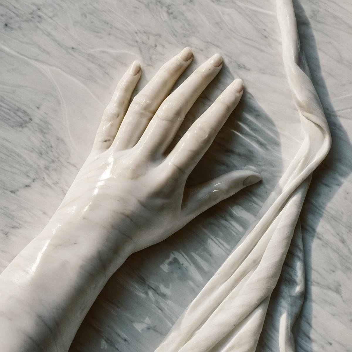 <lora:perfection style:0.3> perfection style<lora:sculpture v3:0.9>Marble sculpture a sculpture of two hands on a white cloth, movie themed, sharp, detailed, epic cinematic photography, artistic creative style, dramatic light, cinematic color style, skin tone Marble sculpture film style, Kodak, 35 mm film style, Marble sculpture style, solo, simple background, 1boy, male focus, fingernails, black background, close-up, realistic, arm hair, multiple boys, 2boys, hands up, out of frame, hand focus