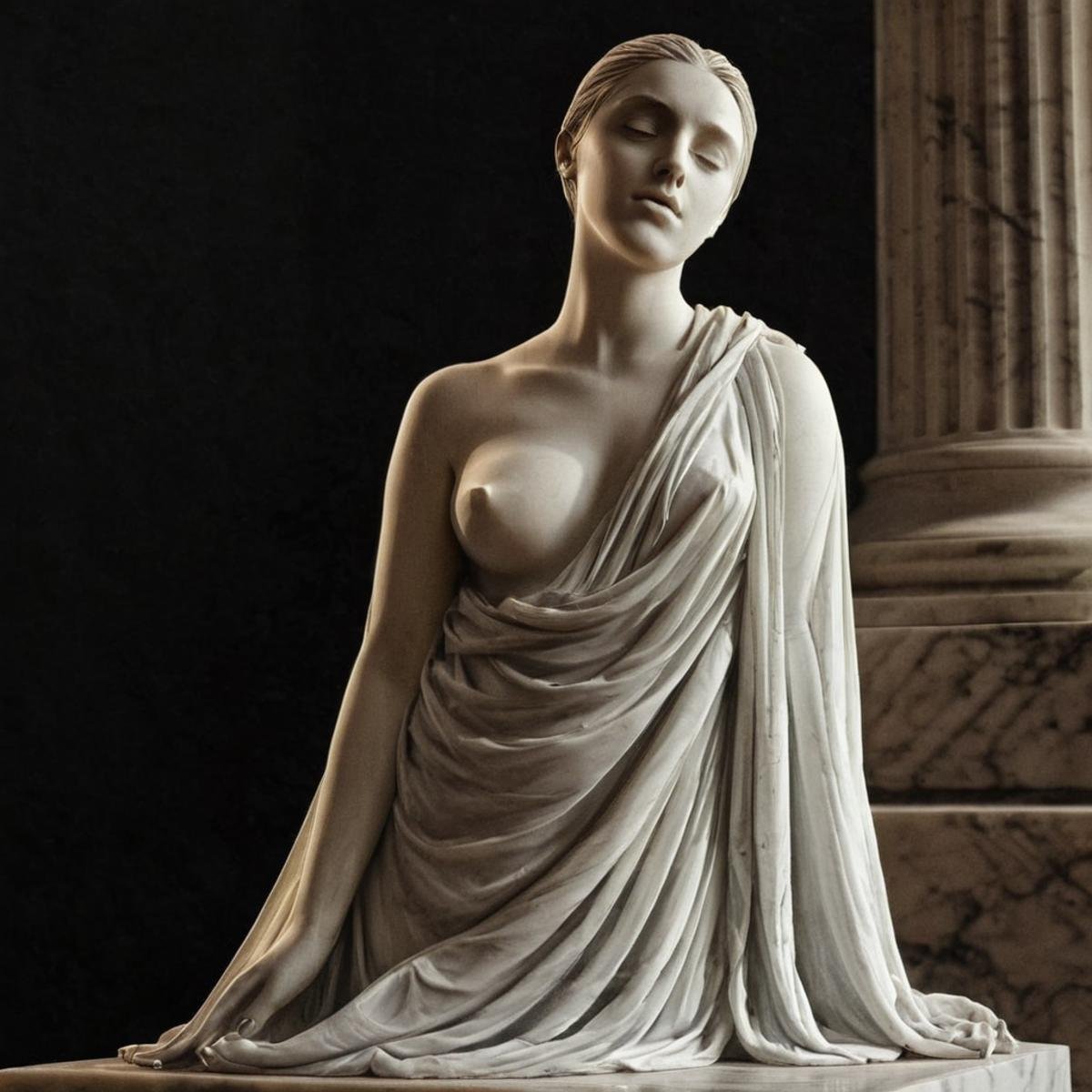 <lora:perfection style:0.3> perfection style<lora:sculpture v3:1>Marble sculpture a statue of a greek nudewoman with her hands on her chest, movie themed, sharp, detailed, epic cinematic photography, artistic creative style, dramatic light, cinematic color style, skin tone Marble sculpture film style, Kodak, 35 mm film style, Marble sculpture style, solo, 1boy, nipples, upper body, male focus, nude, colored skin, hand on own chest, black background, realistic, statue, 1girl, breasts, simple background, closed mouth, small breasts, hair bun