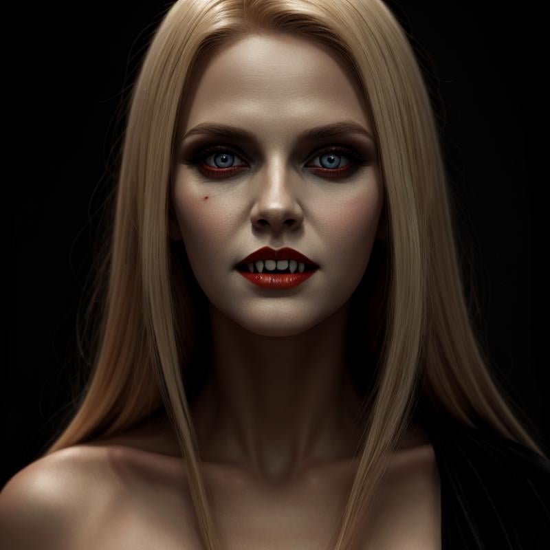 concept art of  <lora:vampire fangs teeth v2 SD1.5:1.2>  Vampire Fangs TeethFemale Vampire a very cute blonde young woman with a bloody face and a Vampire Fangs Teeth staring at camera with big beautiful eyes, digital artwork, illustrative, painterly, matte painting, highly detailed