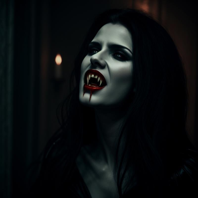 Dark Fantasy Art of  <lora:vampire fangs teeth v2 SD1.5:1.2>  Vampire Fangs TeethFemale Vampire a vampire woman is opening her mouth and biting something with Vampire Fangs Teeth, dark, moody, dark fantasy style