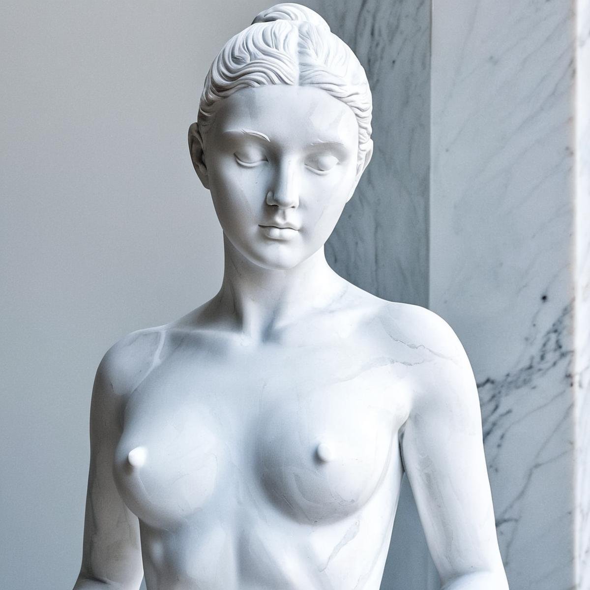 <lora:sculpture style v4:0.9>Marble sculpture a statue of a woman with white statue paint on her face and body,