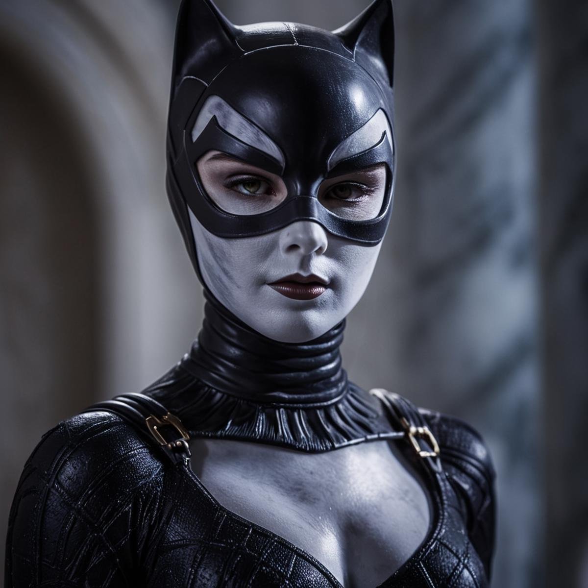 cinematic film still of  <lora:sculpture style v4:1.2>Marble sculpture of catwoman Marble sculpture style, shallow depth of field, vignette, highly detailed, high budget, bokeh, cinemascope, moody, epic, gorgeous, film grain, grainy