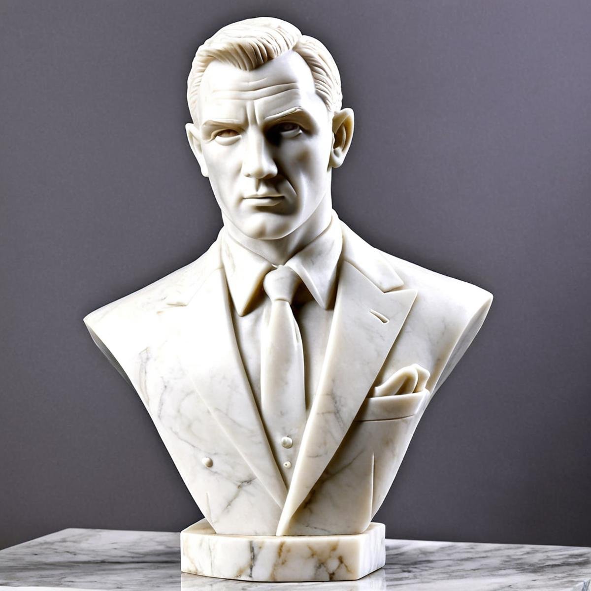 <lora:sculpture style v4:1.2>Marble sculpture of james bond white skin tone Marble sculpture style