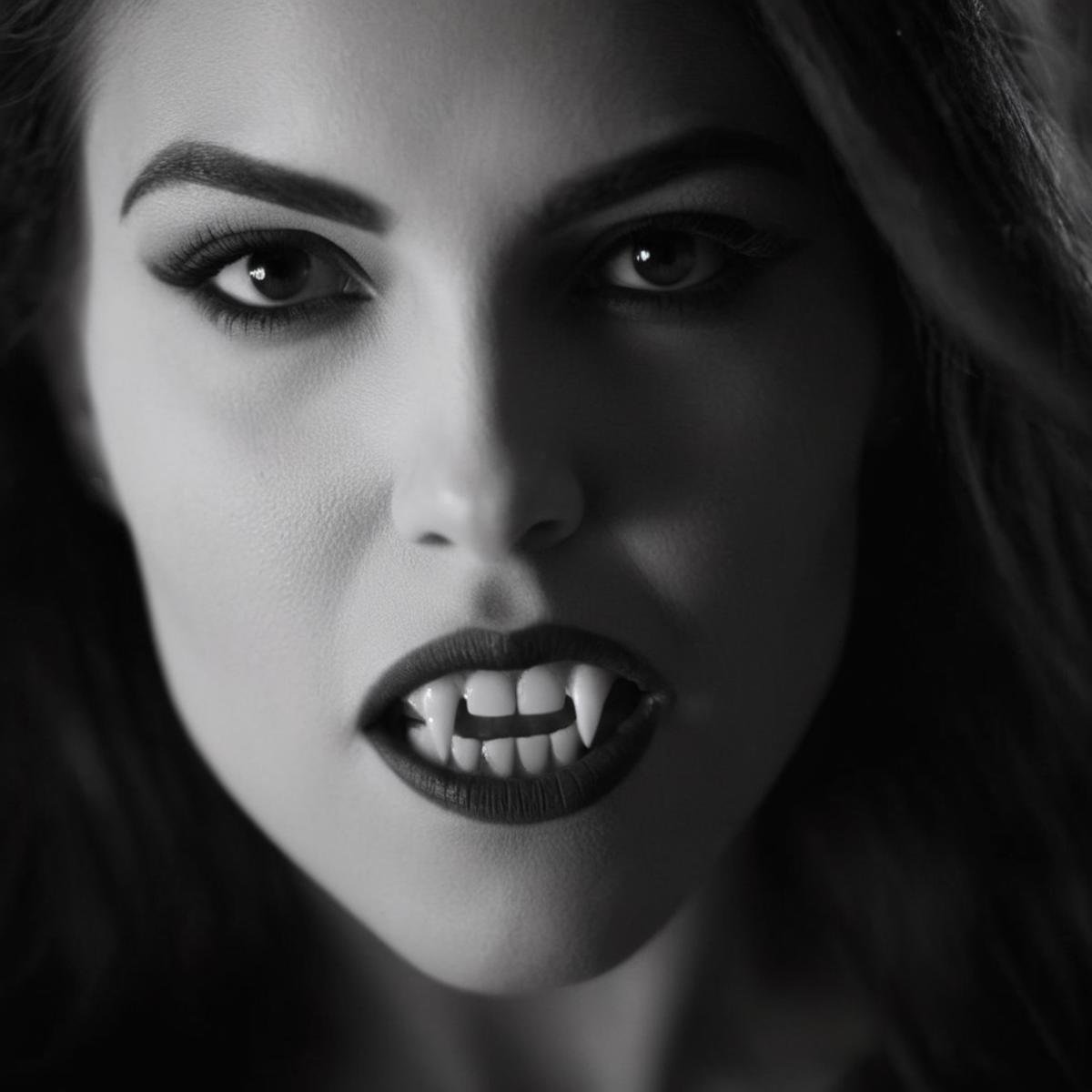 cinematic film still of  <lora:vampire fangs teeth 2:1.2>Female Vampire a closeup of a hot black and white woman with a Vampire Fangs Teeth staring at camera, shallow depth of field, vignette, highly detailed, high budget, bokeh, cinemascope, moody, epic, gorgeous, film grain, grainy