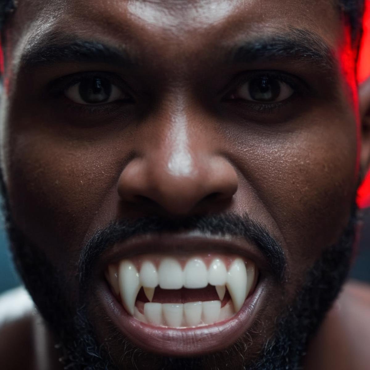 cinematic film still of  <lora:vampire fangs teeth 2:1.2>A black man with a demon face Vampire Fangs Teeth staring at camera, shallow depth of field, vignette, highly detailed, high budget, bokeh, cinemascope, moody, epic, gorgeous, film grain, grainy