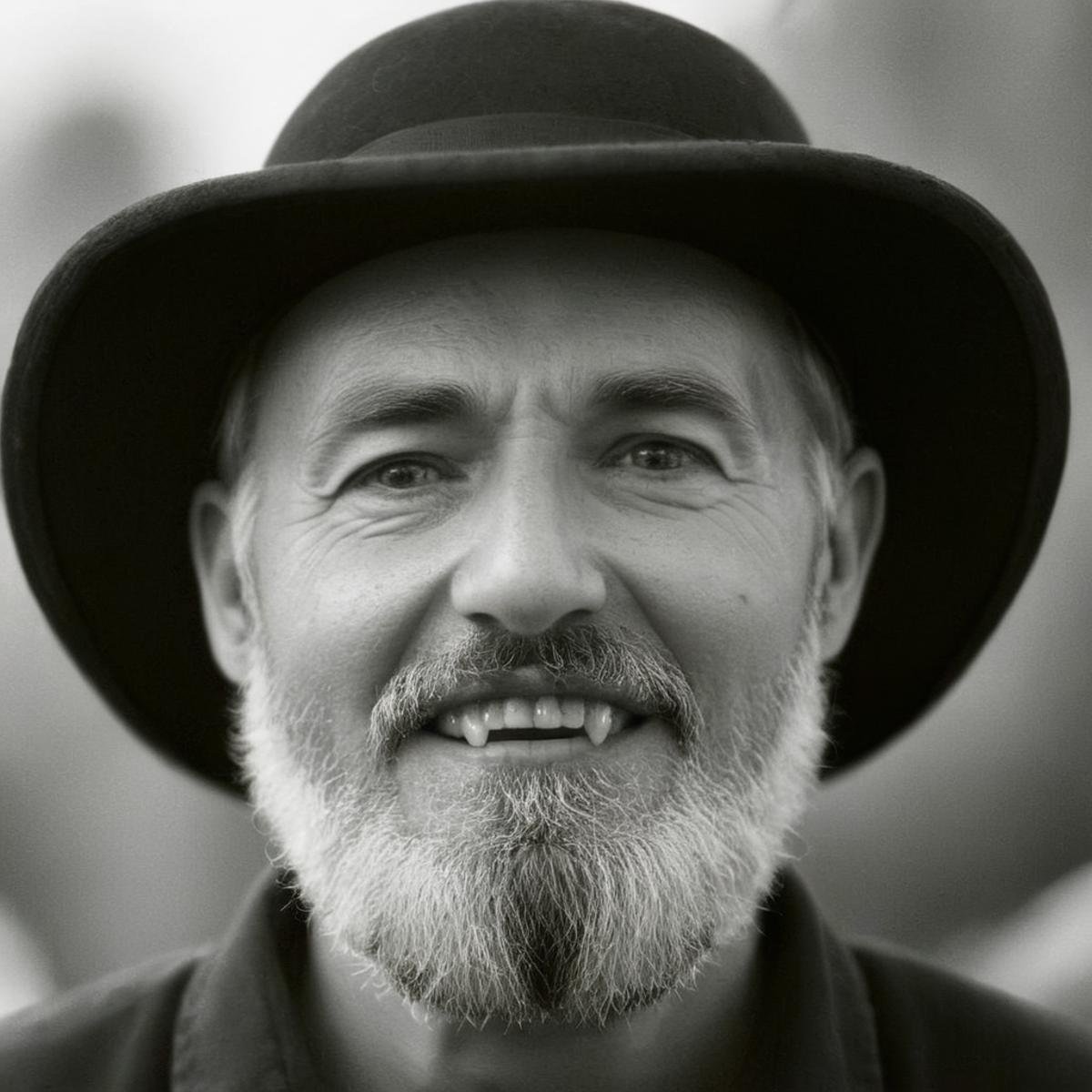 cinematic film still of  <lora:vampire teeth v3:1>analog film photo of <lora:Film Stock Footage Style:1> Closeup of an old man with a white hat and a black shirt and grey beard looking to the right at something with a smile and perfect teeth Kodak Ektar Film Stock Footage Style, faded film, desaturated, 35mm photo, grainy, vignette, vintage, Kodachrome, Lomography, stained, highly detailed, found footage, shallow depth of field, vignette, highly detailed, high budget, bokeh, cinemascope, moody, epic, gorgeous, film grain, grainy