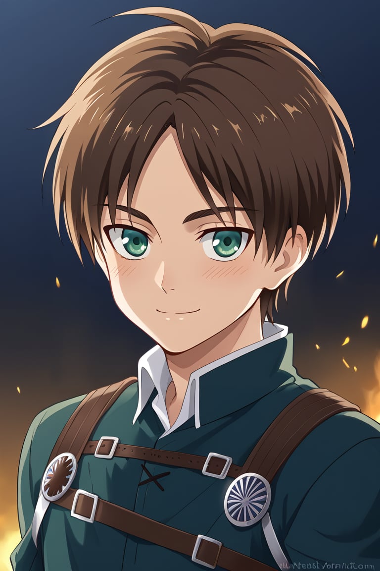 (((beatiful))) ((the most beautiful boy in the world)), 1boy,solo,boy focus,eren jaeger, short hair, brown hair, green eyes, cowboy shot, smile, exl