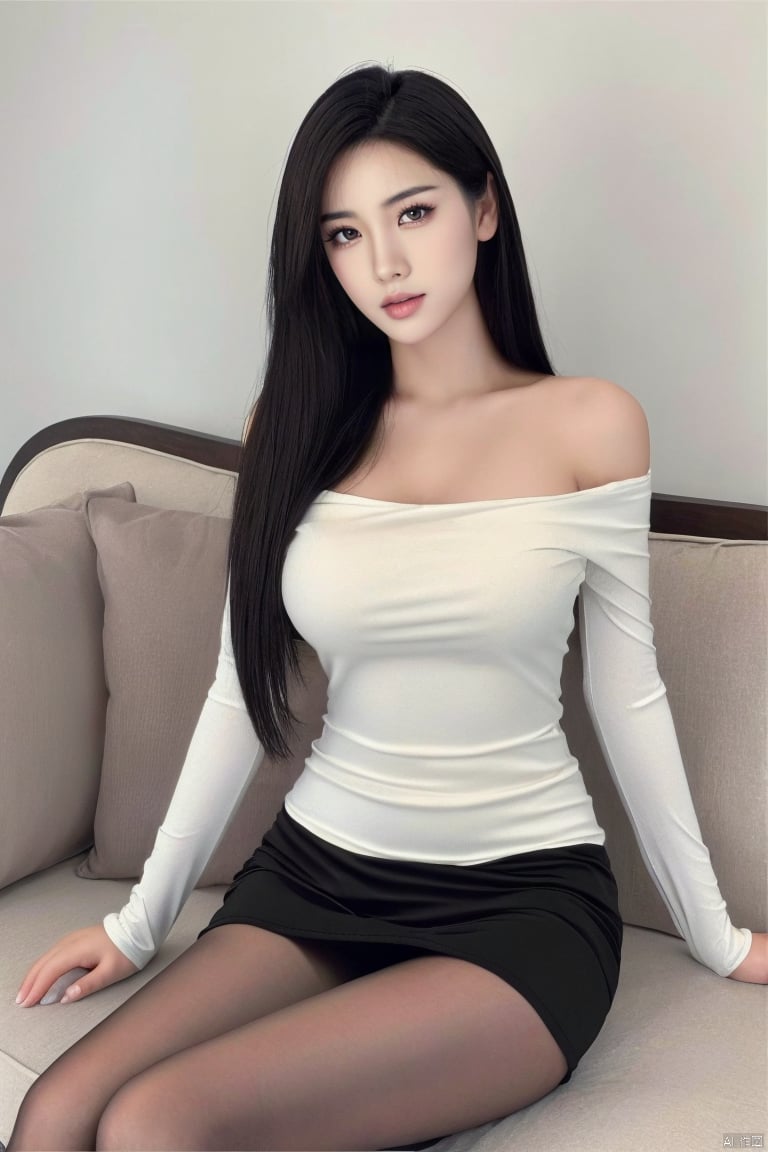 plns,xkj,1girl,pretty,solo,asian,charming,realistic, long hair, breasts, dress, realistic, lips, bare shoulders, looking at viewer, sitting,  loungewear,black skirt,masterpiece,photorealistic,best quality,highly detailed,highres,xkj,plnssw,glossy pantyhose,white pantyhose