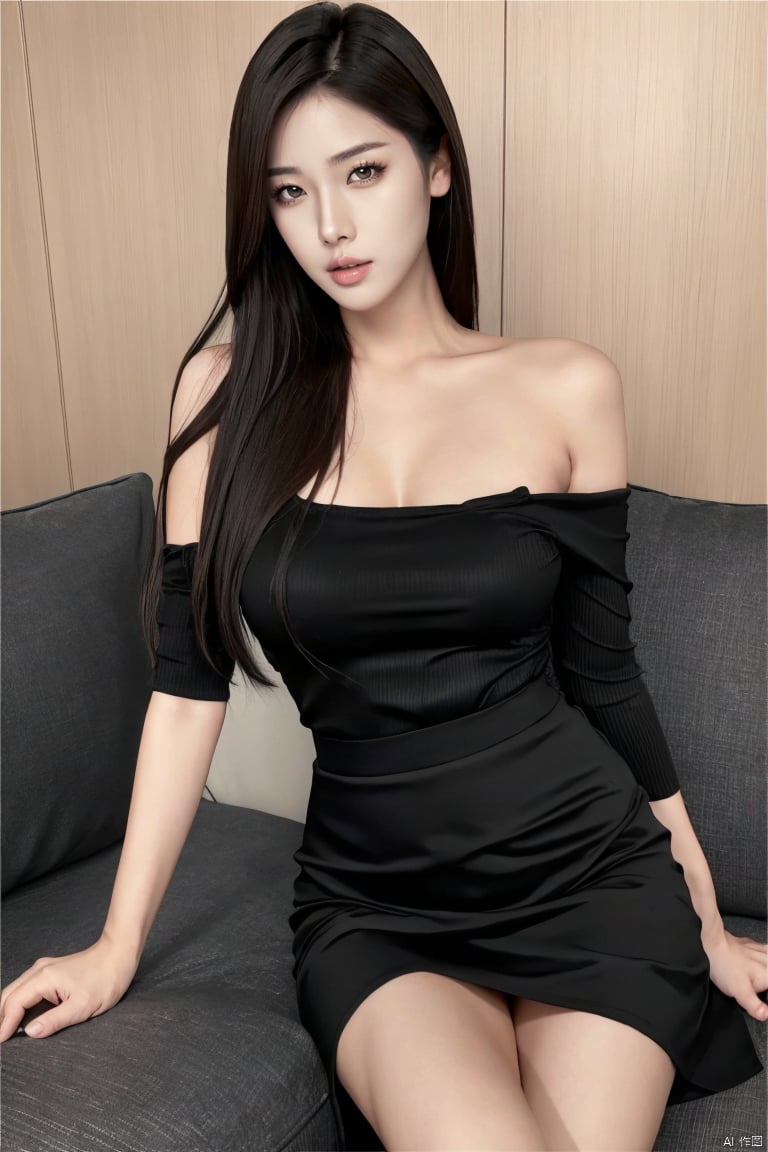 plns,xkj,1girl,pretty,solo,asian,charming,realistic, long hair, breasts, dress, realistic, lips, bare shoulders, looking at viewer, sitting,  loungewear,black skirt,masterpiece,photorealistic,best quality,highly detailed,highres,xkj