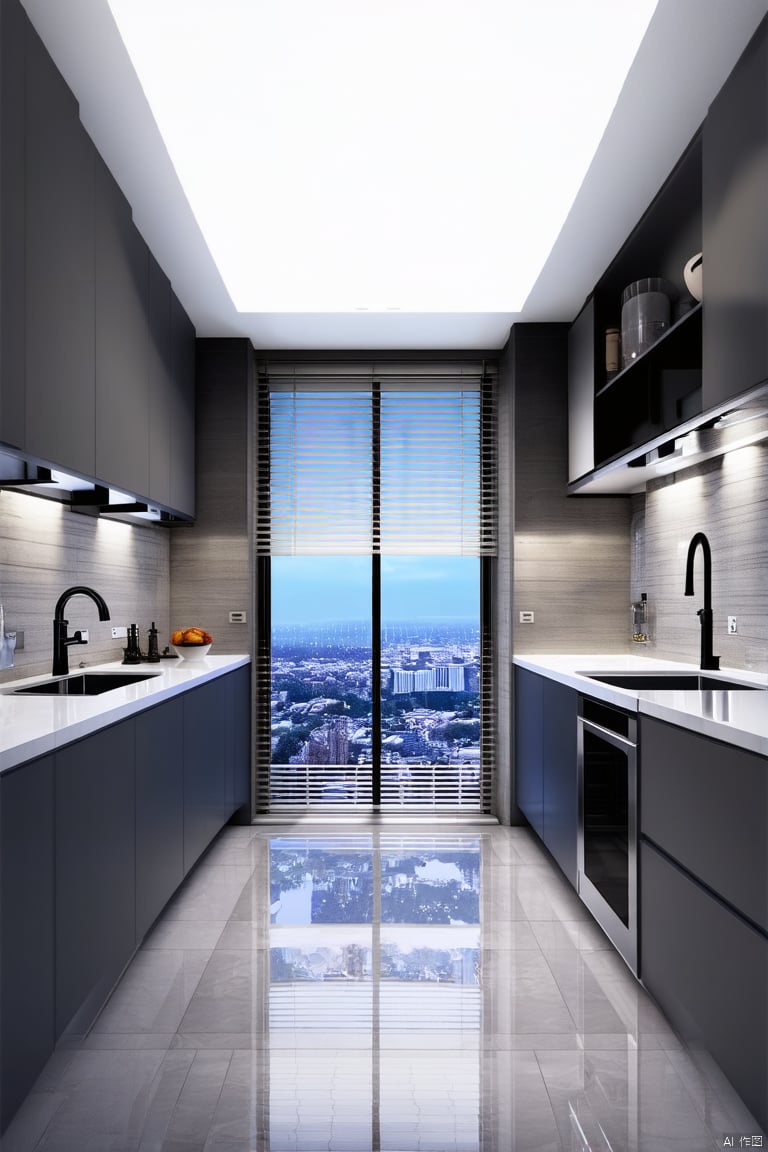 sky, day, indoors, blue sky, no humans, window, building, scenery, tiles, cityscape, tile floor, bathroom, shelf, kitchen, sink, ceiling light, faucet, cabinet, blinds