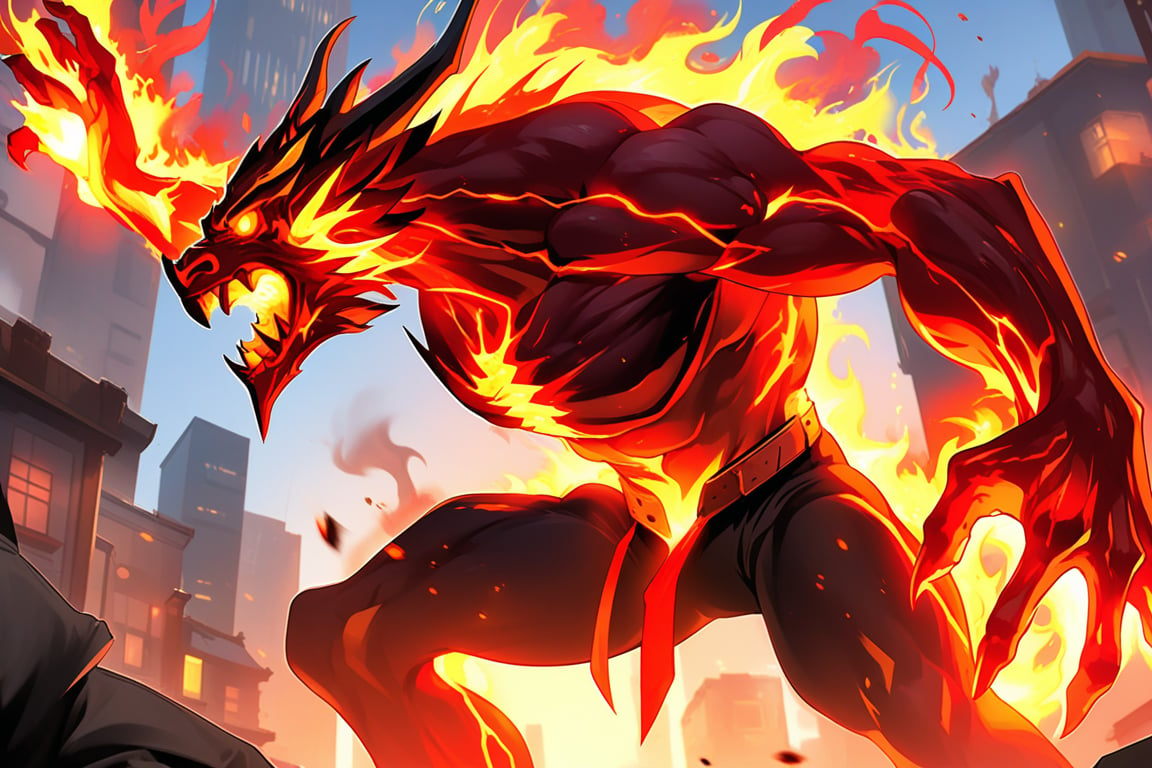 a man turns into a fire devil \(ek_ge1frt\),fire elemental effect,fire weapon,ek_game_3ffect,dynamic pose,simple background,blurry city background,dynamic angle,anime style by ghibli,detailed,ek_ph0t0_b00ster, ek_an1_b00ster,upper body shot