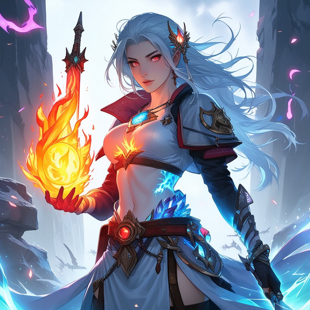 a beautiful ice magic sorceress \(ek_ges1ba\),detailed exquisite face,[using fire elemental effect \(ek_ge1frt\) together],fire and ice weapon,ek_game_3ffect,dynamic pose,simple background,blurry ruins background,dynamic angle,anime style by makoto shinkai,detailed,ek_ph0t0_b00ster
