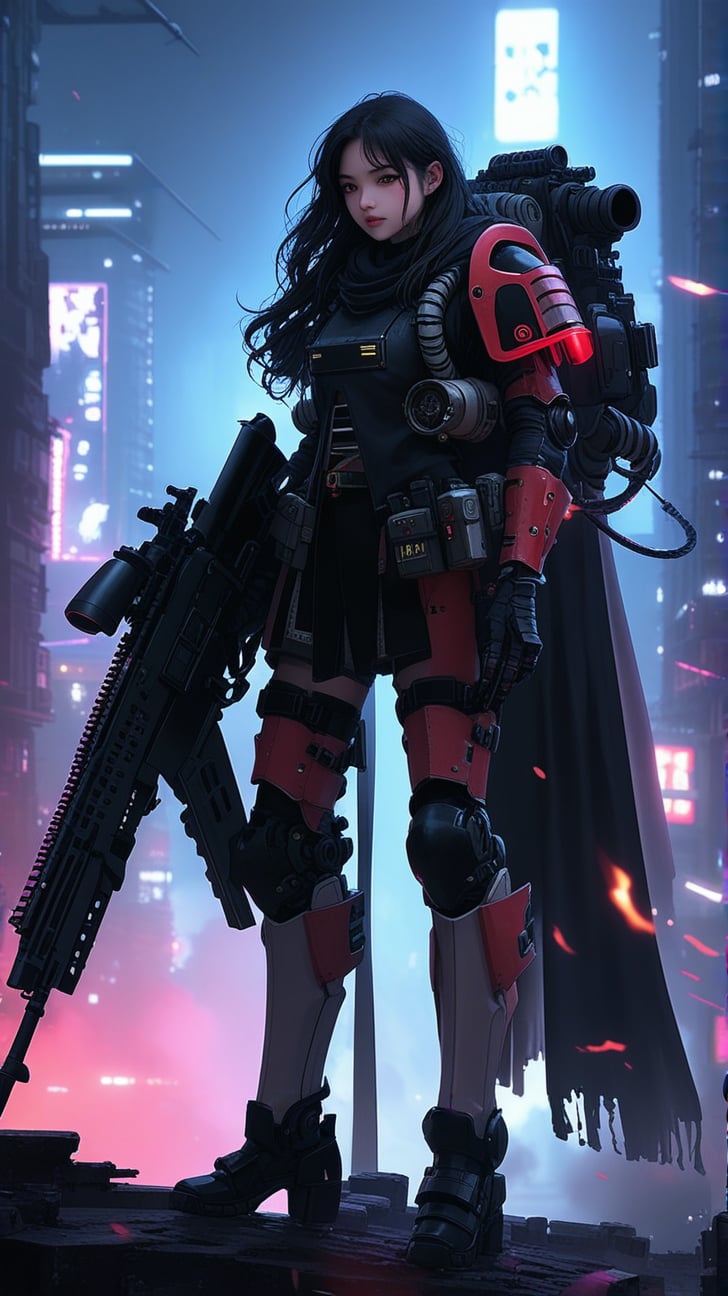 a girl in armor suit \(ek_g4k\),holding rifle,warhammer 4K style,ek_game_3ffect,dynamic pose,simple background,blurry futuristic city background,smoke,dynamic angle,anime style by ghibli,detailed,ek_ph0t0_b00ster,ek_an1_b00ster,at night,dark