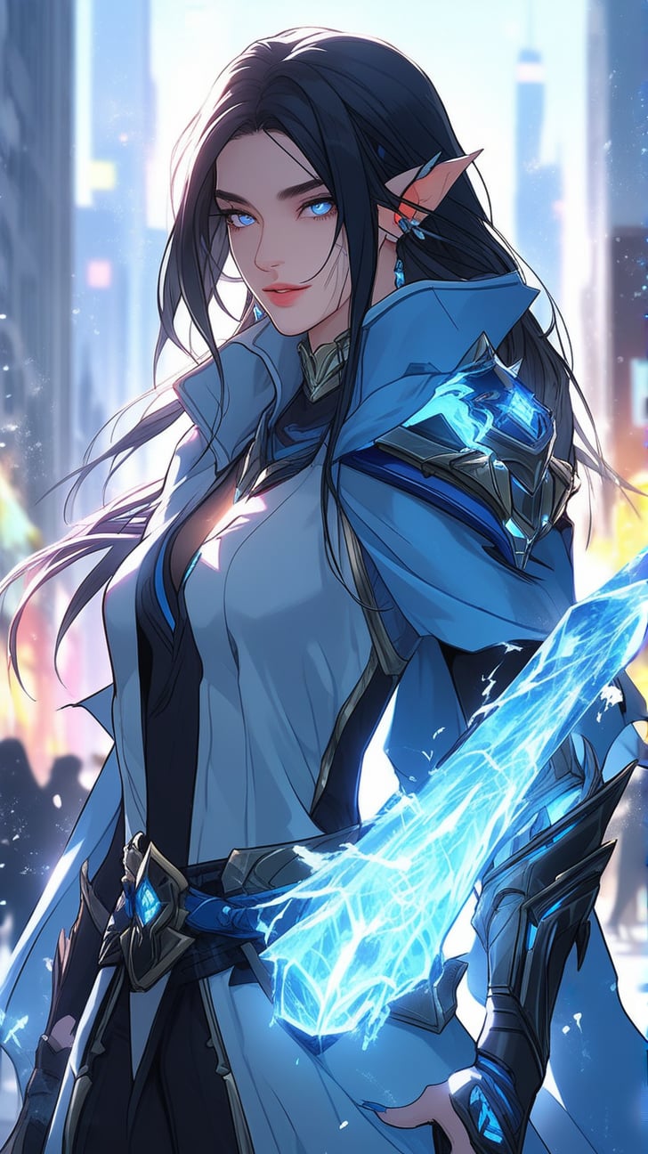 a beautiful ice magic sorceress \(ek_ges1ba\),detailed exquisite face,ice elemental effect,ice weapon,ek_game_3ffect,dynamic pose,simple background,blurry city street background,dynamic angle,anime style by makoto shinkai,detailed, ek_ph0t0_b00ster,ek_an1_b00ster