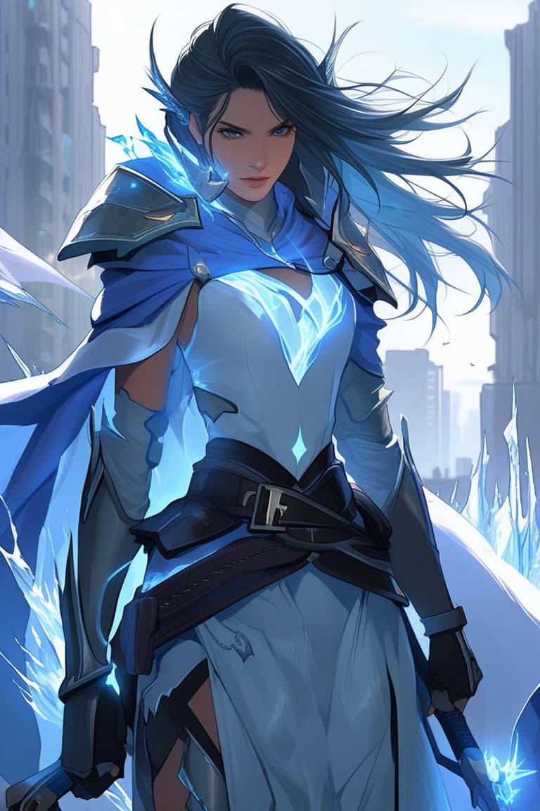 a beautiful ice magic sorceress \(ek_ges1ba\),detailed exquisite face,ice elemental effect,ice weapon,ek_game_3ffect,dynamic pose,simple background,blurry city background,dynamic angle,anime stule by ghibli,,detailed,ek_ph0t0_b00ster