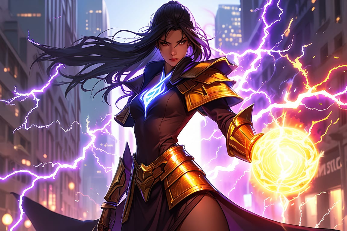 a beautiful lightning magic sorceress \(ek_ge1tng\),detailed exquisite face,lightning elemental effect,lightning weapon,ek_game_3ffect,dynamic pose,simple background,blurry city background,dynamic angle,anime style by ghibli,detailed,ek_ph0t0_b00ster,ek_an1_b00ster