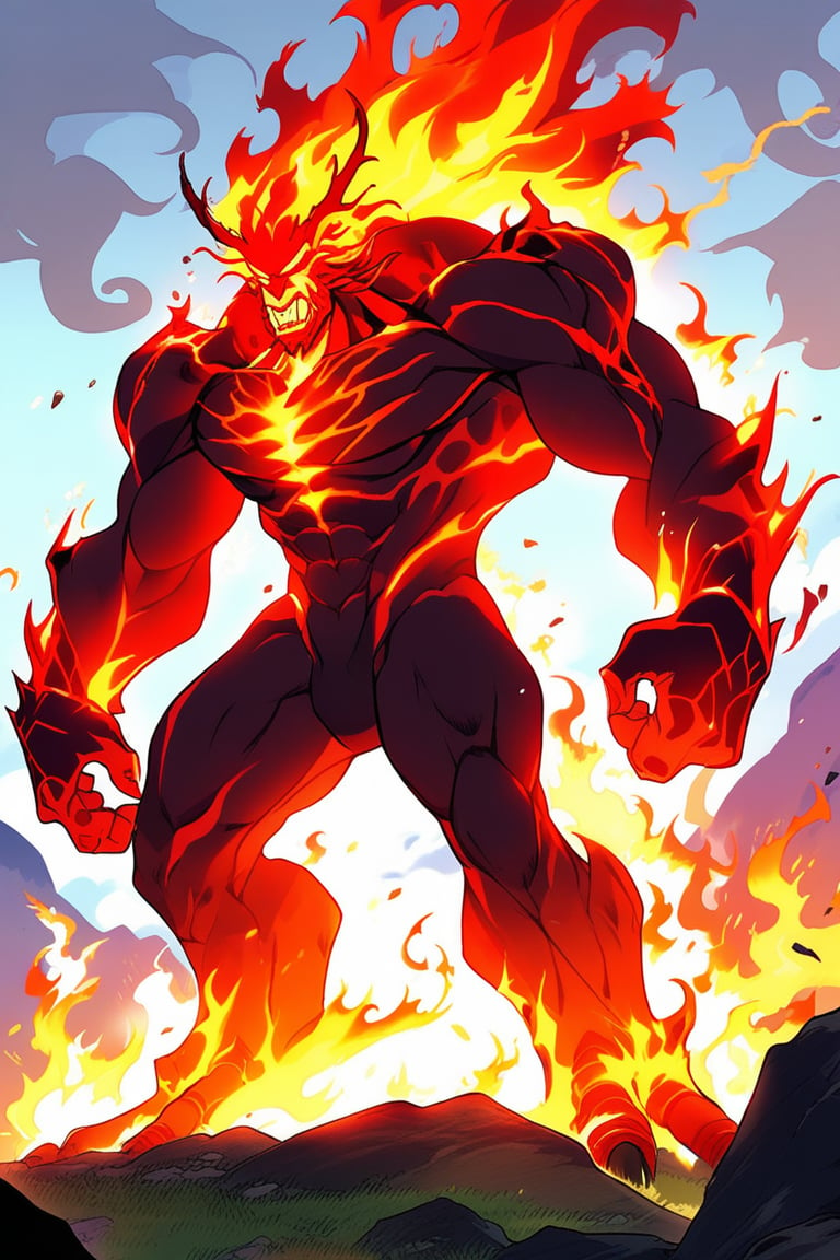 a fire giant \(ek_ge1frt\),good superhero style,roaring,open mouth,ek_game_3ffect,dynamic pose,simple background,blurry hilltop background,smoke,dynamic angle,anime style by makoto shinkai,detailed,ek_ph0t0_b00ster,ek_an1_b00ster