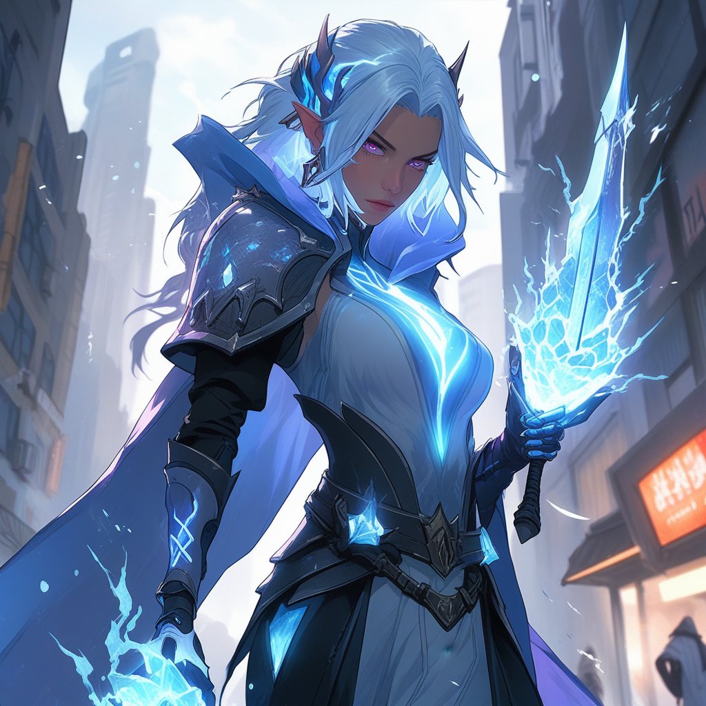 a beautiful ice magic sorceress \(ek_ges1ba\),detailed exquisite face,ice elemental effect,ice weapon,ek_game_3ffect,dynamic pose,simple background,blurry city street background,dynamic angle,anime style by makoto shinkai,detailed, ek_ph0t0_b00ster,ek_an1_b00ster