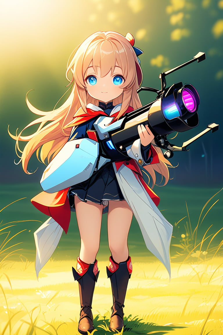 A young girl stands confidently in a bright, sunny meadow, her bright blue eyes fixed on something ahead. She holds a apportalgun, its bright colors and detailed design evident even from afar. The warm light casts a gentle glow over the entire scene, with soft shadows highlighting the texture of the grass beneath her feet.