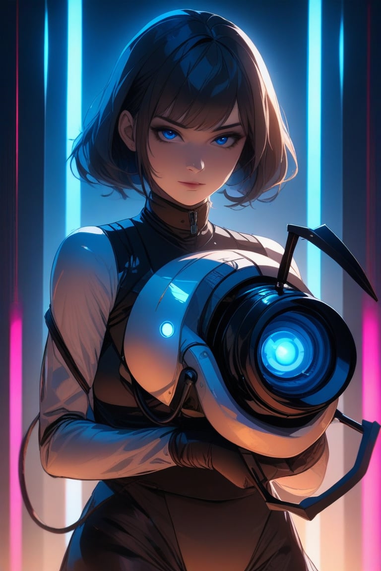 A cinematic sci-fi portrait of a girl holding apportalgun, framed by a dimly lit metallic backdrop with neon blue accents. Soft focus and subtle lighting create an eerie atmosphere, as the girl's gaze is fixed intently on something in the distance. Her pose exudes a sense of determination and readiness for battle.