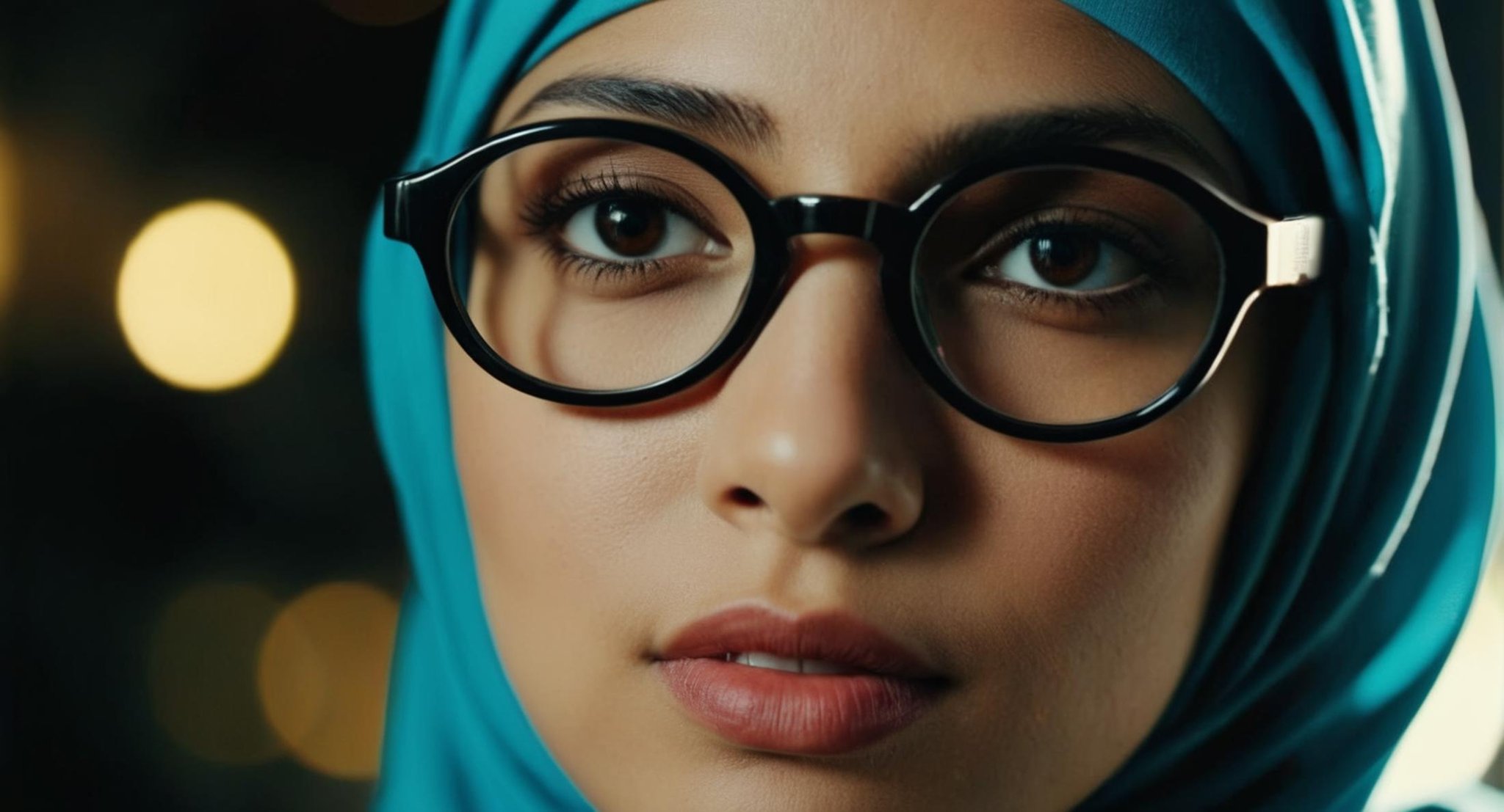 cinematic film still of  Cinematic Film stock footage in (arri alexa style) Kodak film print,  <lora:Hijab:1> Hijab Nerd Eye Glasses, shallow depth of field, vignette, highly detailed, high budget, bokeh, cinemascope, moody, epic, gorgeous, film grain, grainy